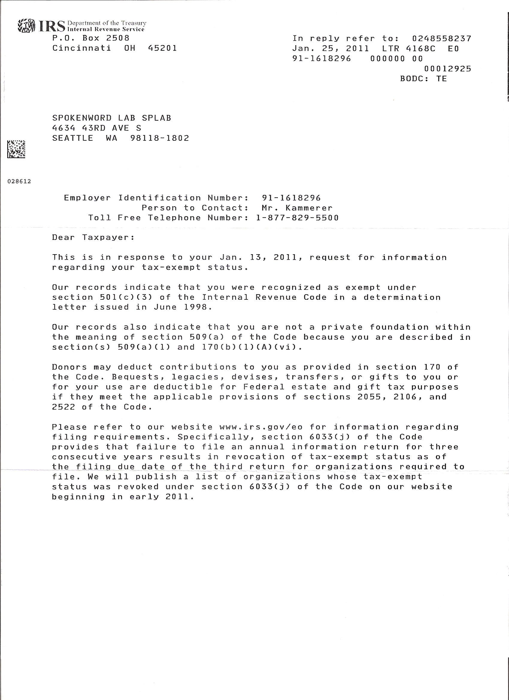 IRS Determination Letter 1.25.11